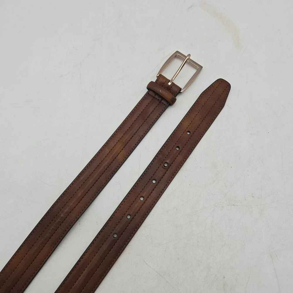 Structure Belt Brown Syn Leather Dress Stitched Mens 36 Copper Tone Buckle NWOT